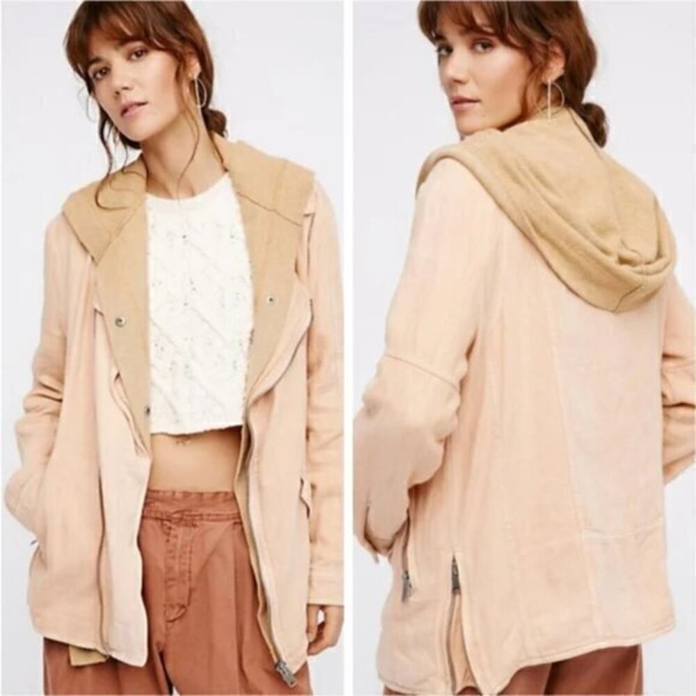 Free People Oversized Beachy Hooded Linen Utility Moto Jacket in Peach Tan (S)